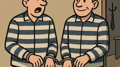 Dowcip: Dwóch mężczyzn w pasiakach, w kajdankach