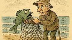 Dowcip: Stary rybak wyciąga gadającą rybę